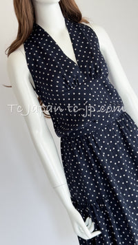 CHANEL 89S Vintage Navy Gray Wool Dot Print Dress 34 36 シャネル ヴィンテージ ネイビー グレー ウール ドット柄 ワンピース 即発