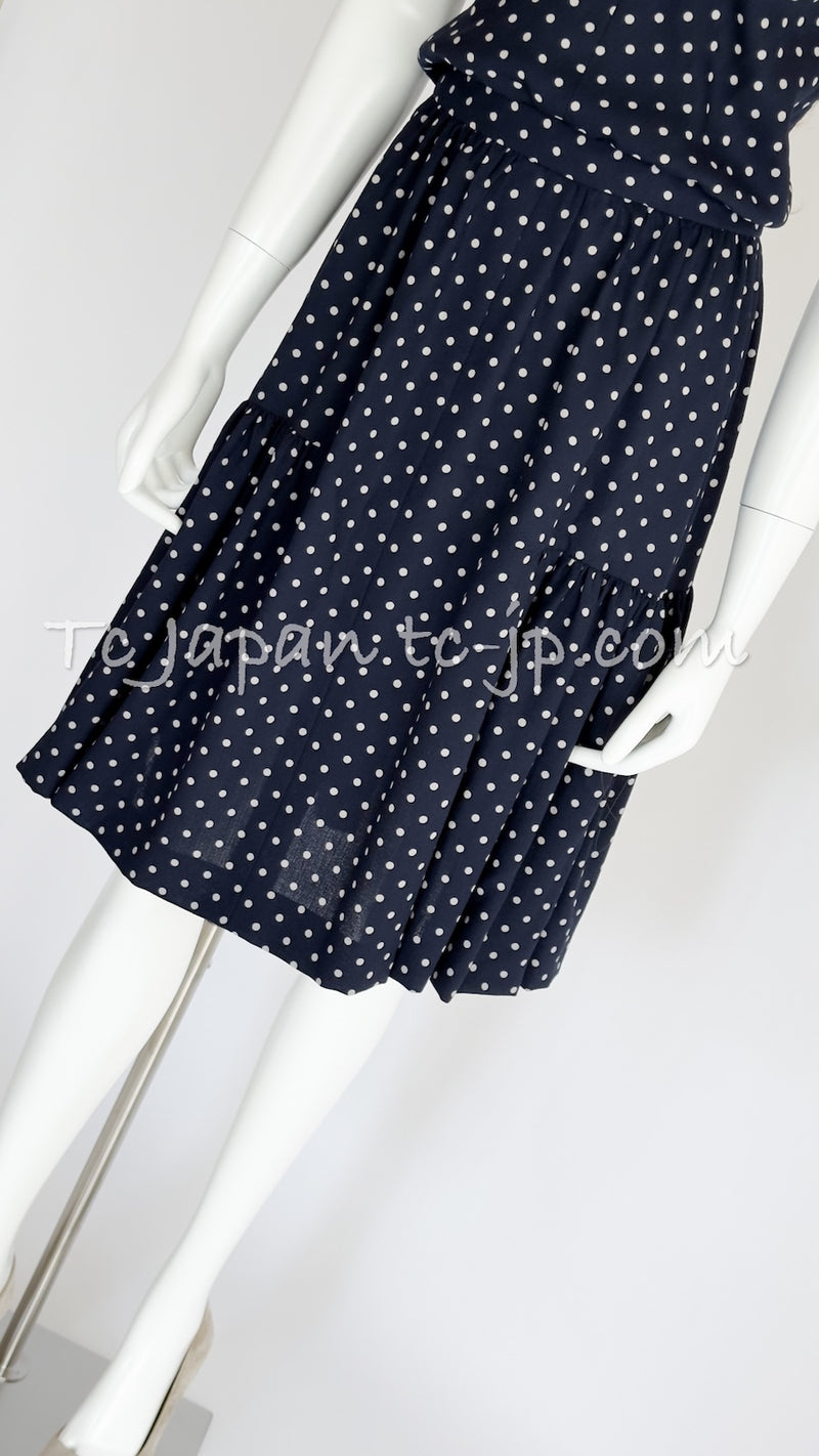 CHANEL 89S Vintage Navy Gray Wool Dot Print Dress 34 36 シャネル ヴィンテージ ネイビー グレー ウール ドット柄 ワンピース 即発