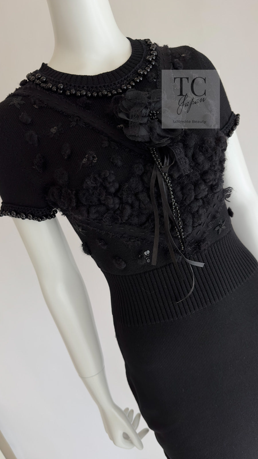 CHANEL 09A Black Beaded Wool Knit Dress 36 シャネル ブラック ビジュー装飾 ウール ニット ワンピース 即発
