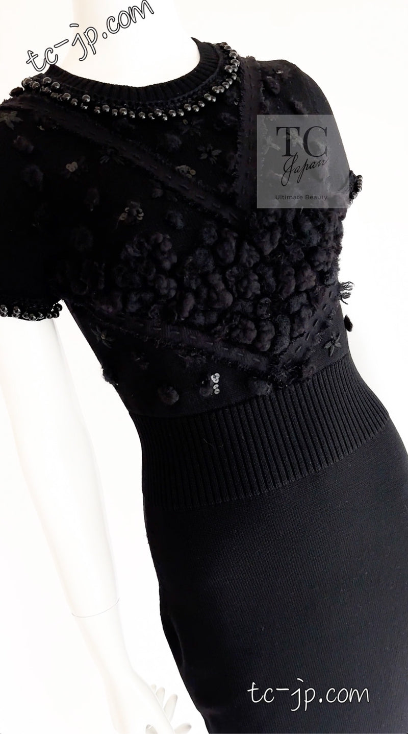 CHANEL 09A Black Beaded Wool Knit Dress 36 シャネル ブラック ビジュー装飾 ウール ニット ワンピース 即発