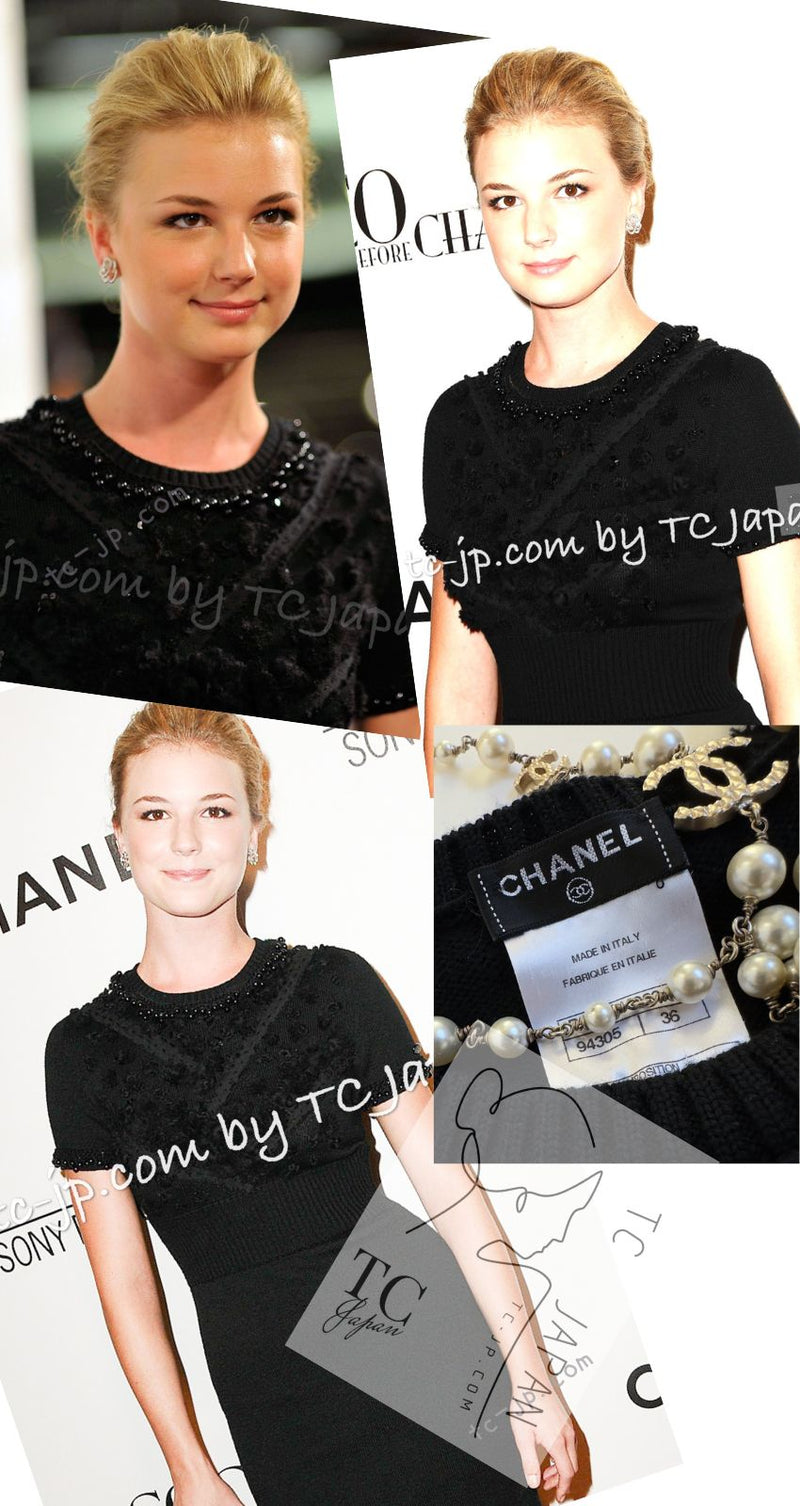 CHANEL 09A Black Beaded Wool Knit Dress 36 シャネル ブラック ビジュー装飾 ウール ニット ワンピース 即発