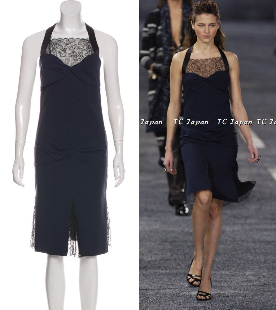 CHANEL 04A Navy Black Lace Dress Kate Hudson 38 40 シャネル ネイビー ブラック レース ワンピース 女優着用 即発