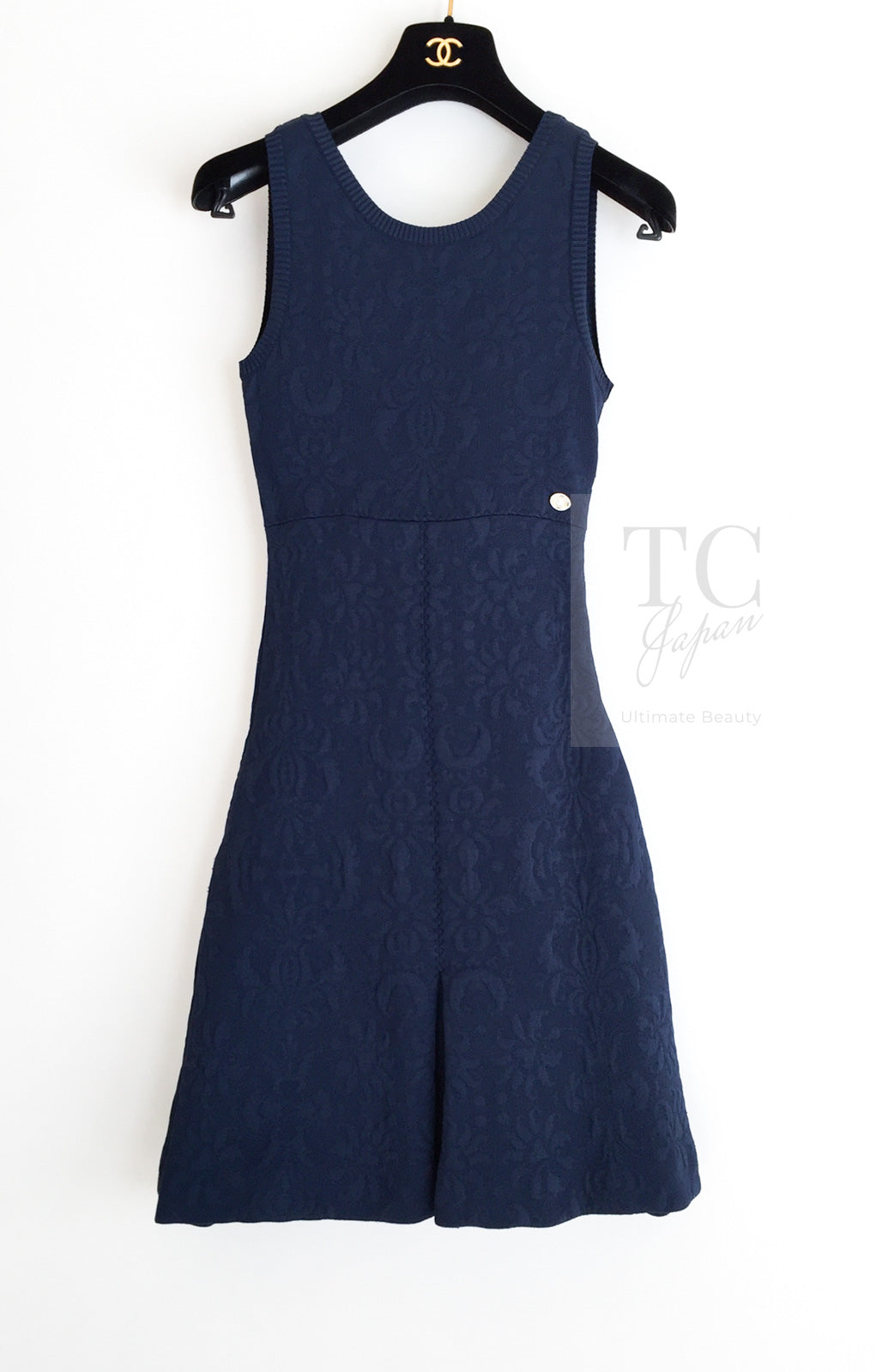 CHANEL 13C Versailles Navy Jacquard Sleeveless Dress 34 36 シャネル ベルサイユ ネイビー ジャガード ニット ノースリーブ ワンピース 即発