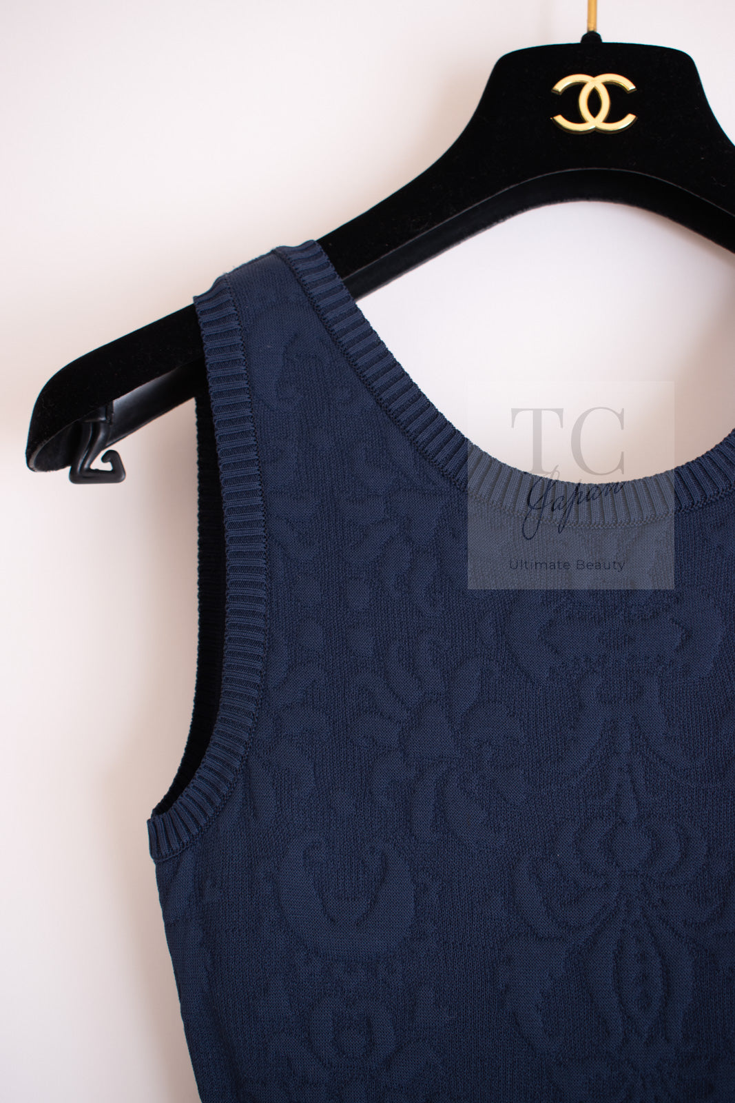 CHANEL 13C Versailles Navy Jacquard Sleeveless Dress 34 36 シャネル ベルサイユ ネイビー ジャガード ニット ノースリーブ ワンピース 即発