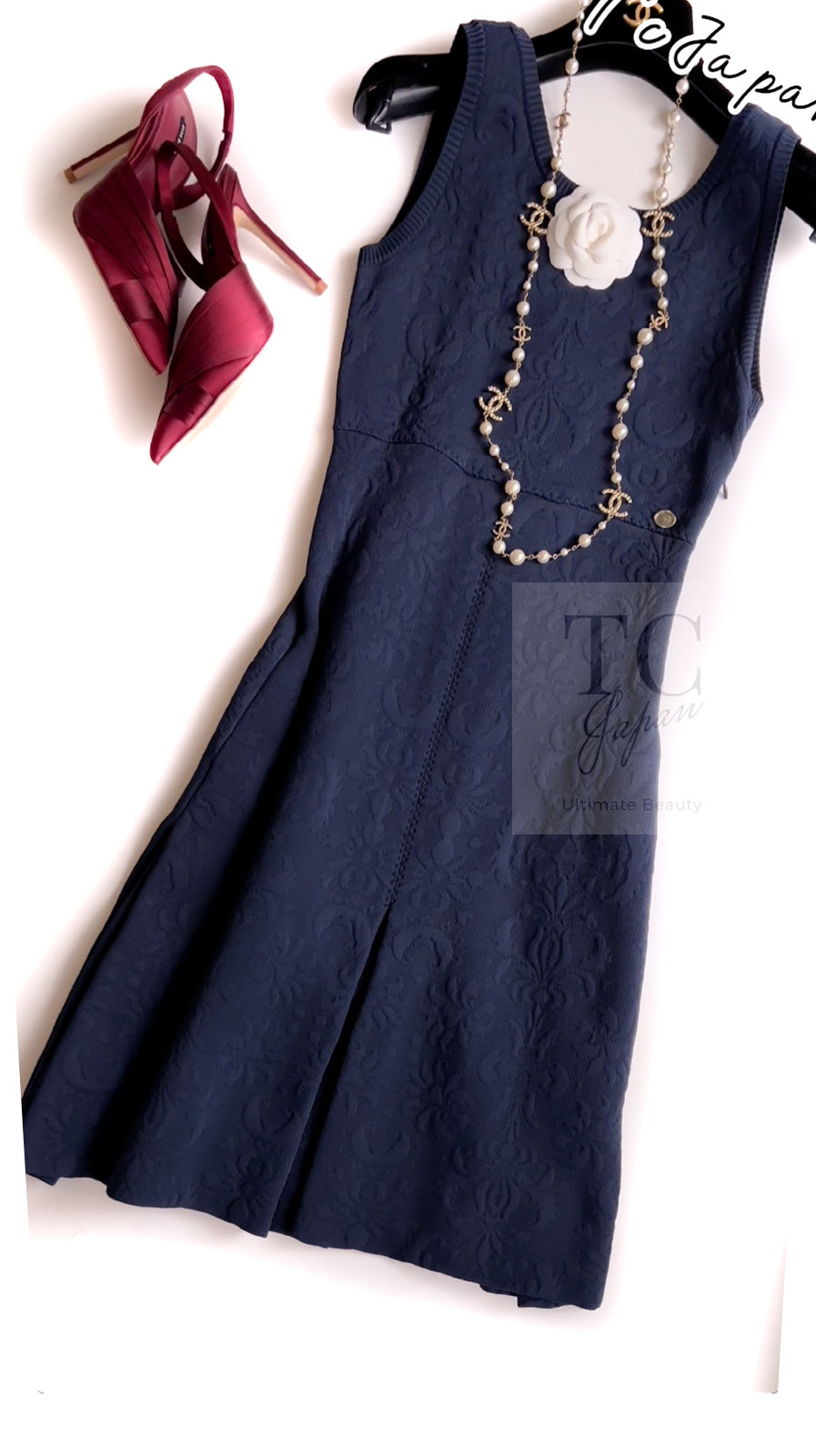 CHANEL 13C Versailles Navy Jacquard Sleeveless Dress 34 36 シャネル ベルサイユ ネイビー ジャガード ニット ノースリーブ ワンピース 即発
