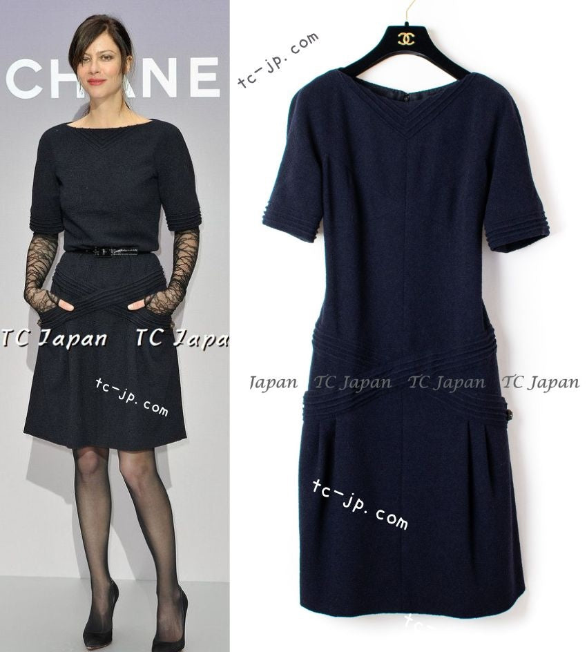シャネル ワンピース CHANEL ダークネイビー グリポワ装飾 シャネル ワンピース CHANEL ダークネイビー グリポワ装飾