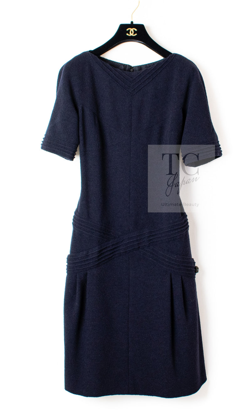 CHANEL 12A Dark Navy Gripoix Wool Dress Jessica Biel 36 40 シャネル ダークネイビー グリポワ装飾 ウール ワンピース 即発