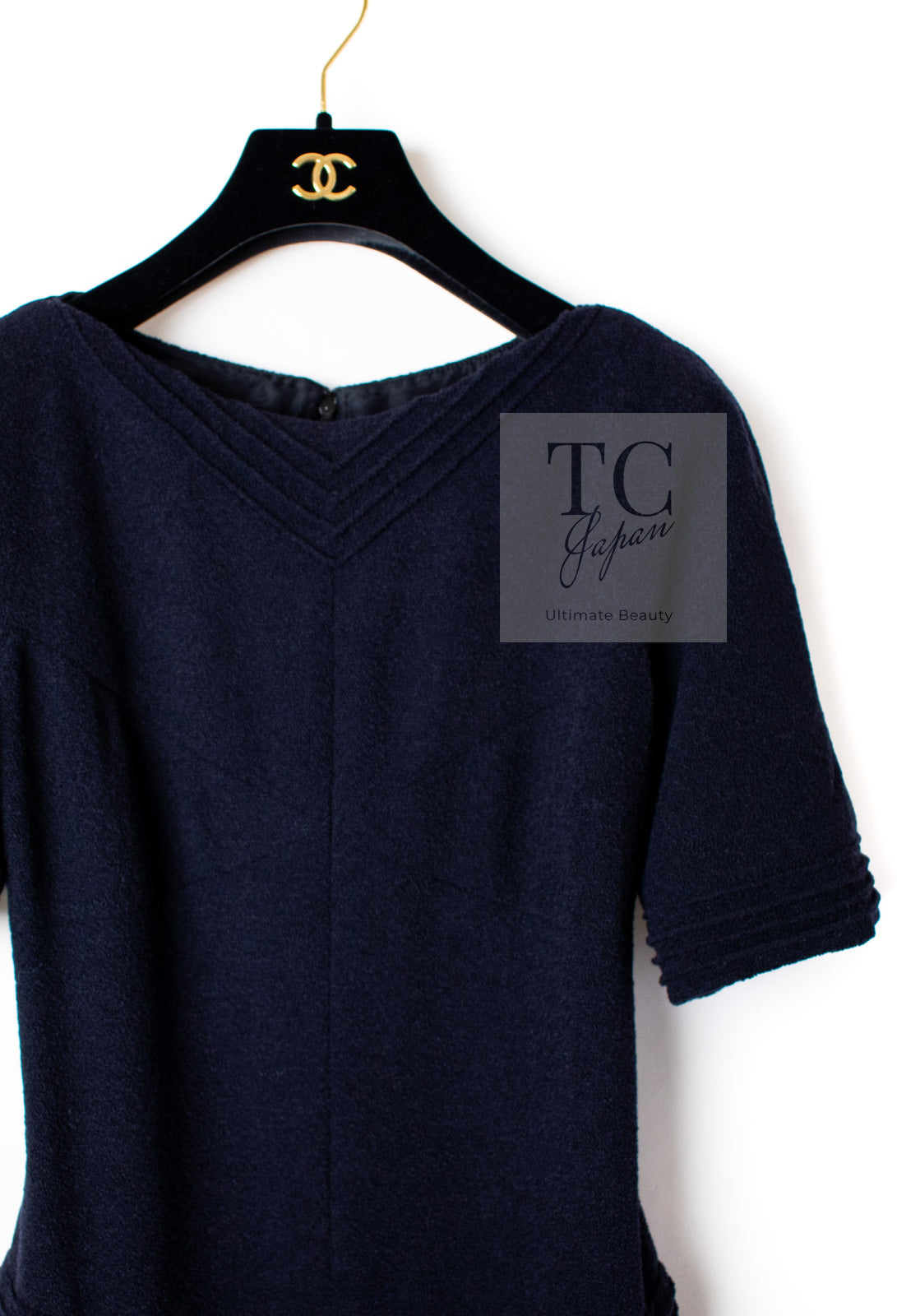 CHANEL 12A Dark Navy Gripoix Wool Dress Jessica Biel 36 40 シャネル ダークネイビー グリポワ装飾 ウール ワンピース 即発