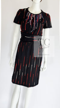 CHANEL 10A Black Multicolor Sequin Fringe Wool Tweed Dress 36 シャネル ブラック マルチカラー スパンコール フリンジ ウール ツイード ワンピース 即発