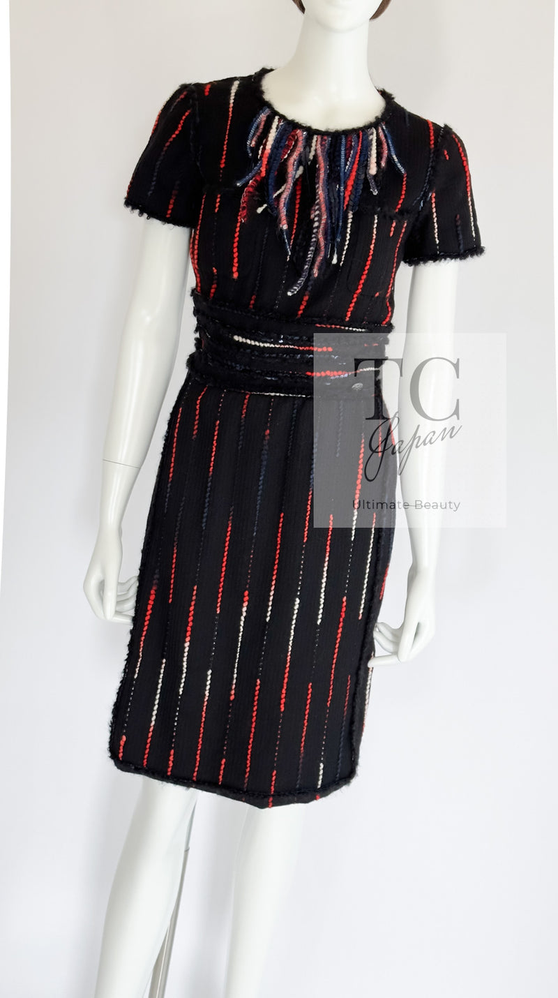 CHANEL 10A Black Multicolor Sequin Fringe Wool Tweed Dress 36 シャネル ブラック マルチカラー スパンコール フリンジ ウール ツイード ワンピース 即発