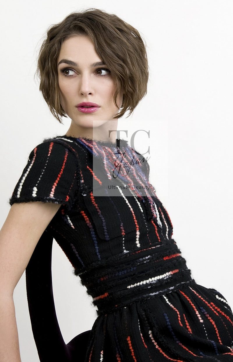 CHANEL 10A Black Multicolor Sequin Fringe Wool Tweed Dress 36 シャネル ブラック マルチカラー スパンコール フリンジ ウール ツイード ワンピース 即発