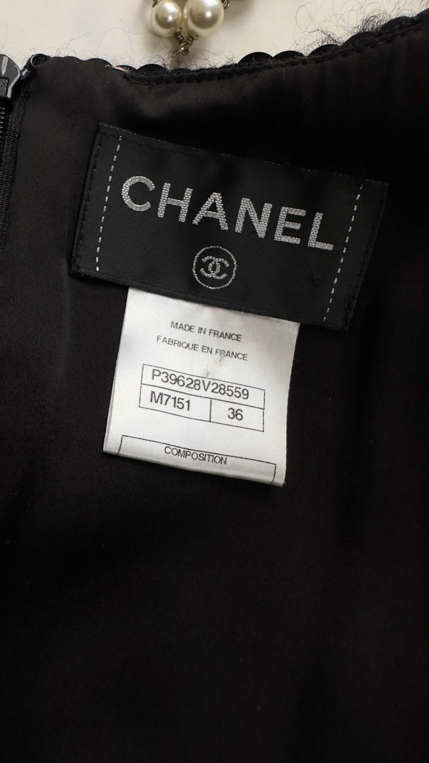 CHANEL 10A Black Multicolor Sequin Fringe Wool Tweed Dress 36 | INT