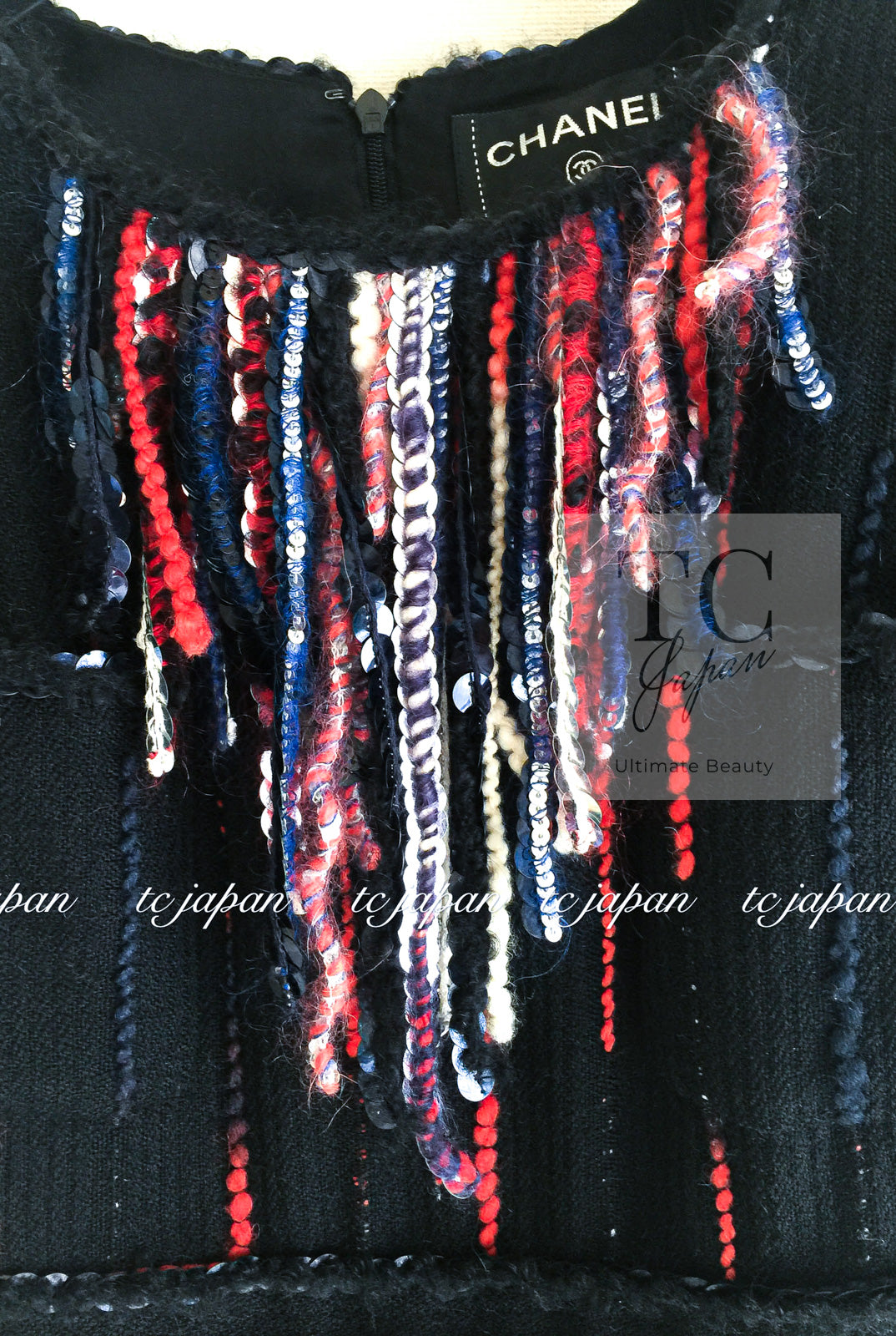 CHANEL 10A Black Multicolor Sequin Fringe Wool Tweed Dress 36 シャネル ブラック マルチカラー スパンコール フリンジ ウール ツイード ワンピース 即発