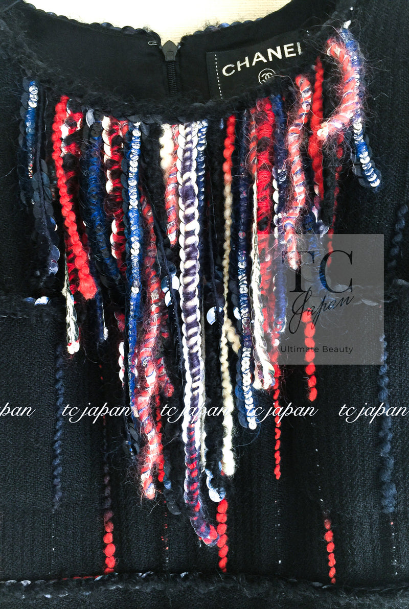 CHANEL 10A Black Multicolor Sequin Fringe Wool Tweed Dress 36 シャネル ブラック マルチカラー スパンコール フリンジ ウール ツイード ワンピース 即発