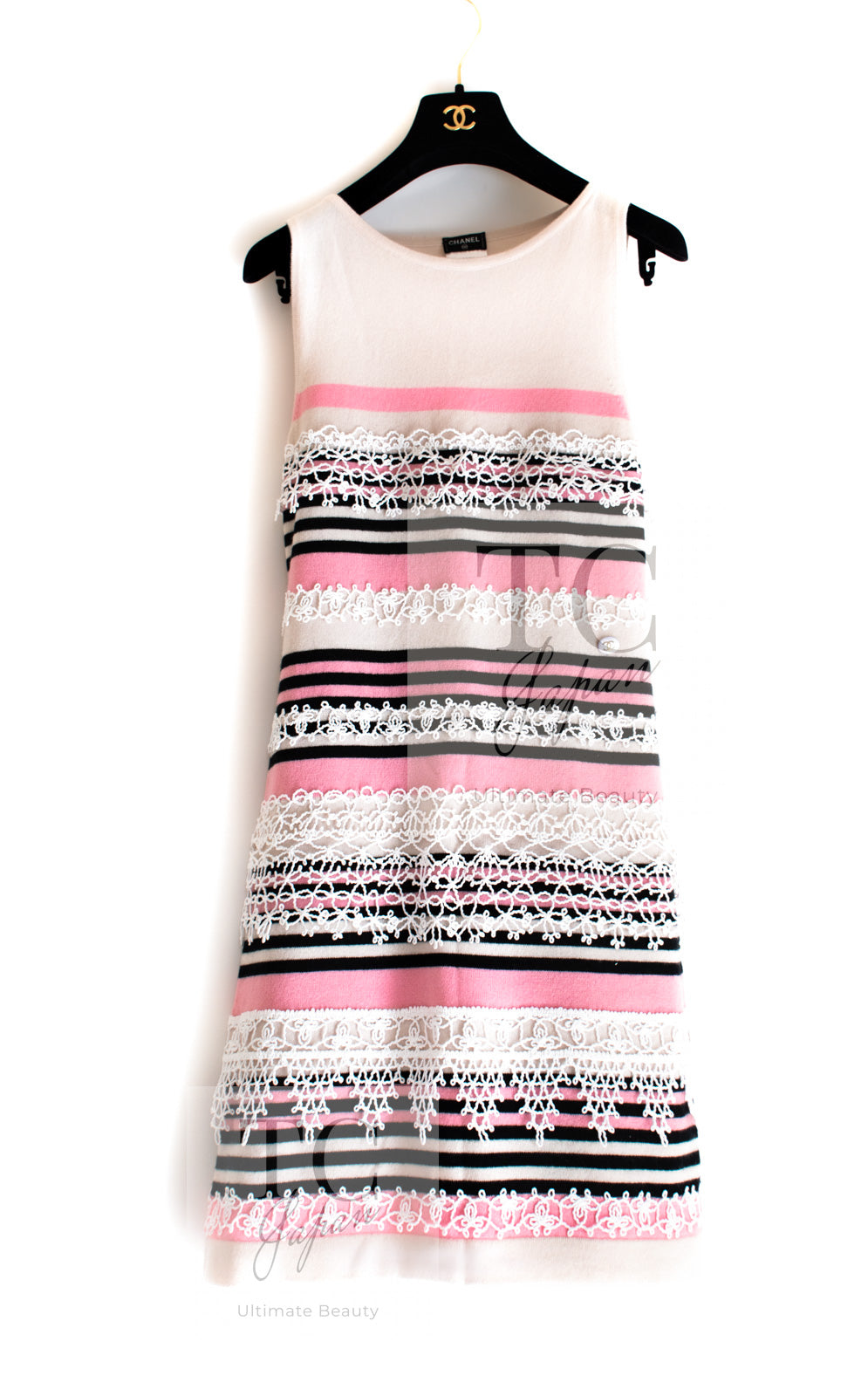 CHANEL 11C Pink Black Striped Cashmere Knit Dress 36 シャネル ピンク ブラック ストライプ ボーダー カシミア100% ニット ワンピース 即発
