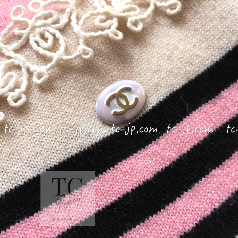 CHANEL 11C Pink Black Striped Cashmere Knit Dress 36 シャネル ピンク ブラック ストライプ ボーダー カシミア100% ニット ワンピース 即発