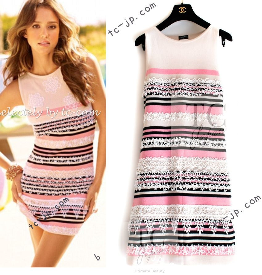 CHANEL 11C Pink Black Striped Cashmere Knit Dress 36 シャネル ピンク ブラック ストライプ ボーダー カシミア100% ニット ワンピース 即発