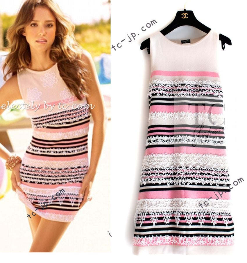 CHANEL 11C Pink Black Stripe Cashmere Knit Dress 36 シャネル ピンク ブラック ストライプ ボーダー カシミア100% ニット ワンピース 即発