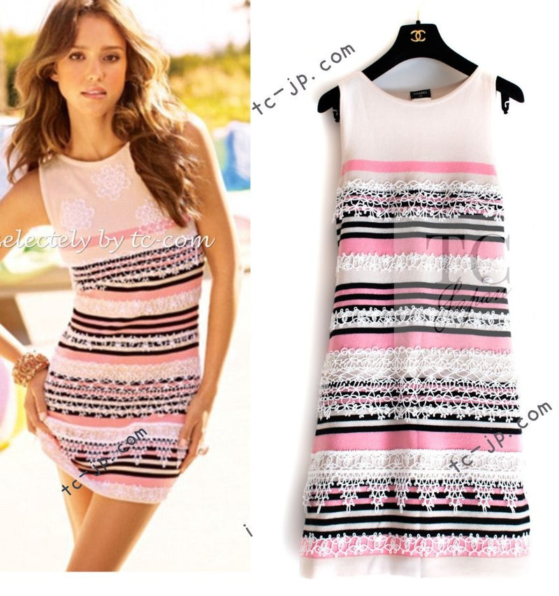 CHANEL 11C Pink Black Stripe Cashmere Knit Dress 36 シャネル ピンク ブラック ストライプ ボーダー カシミア100% ニット ワンピース 即発