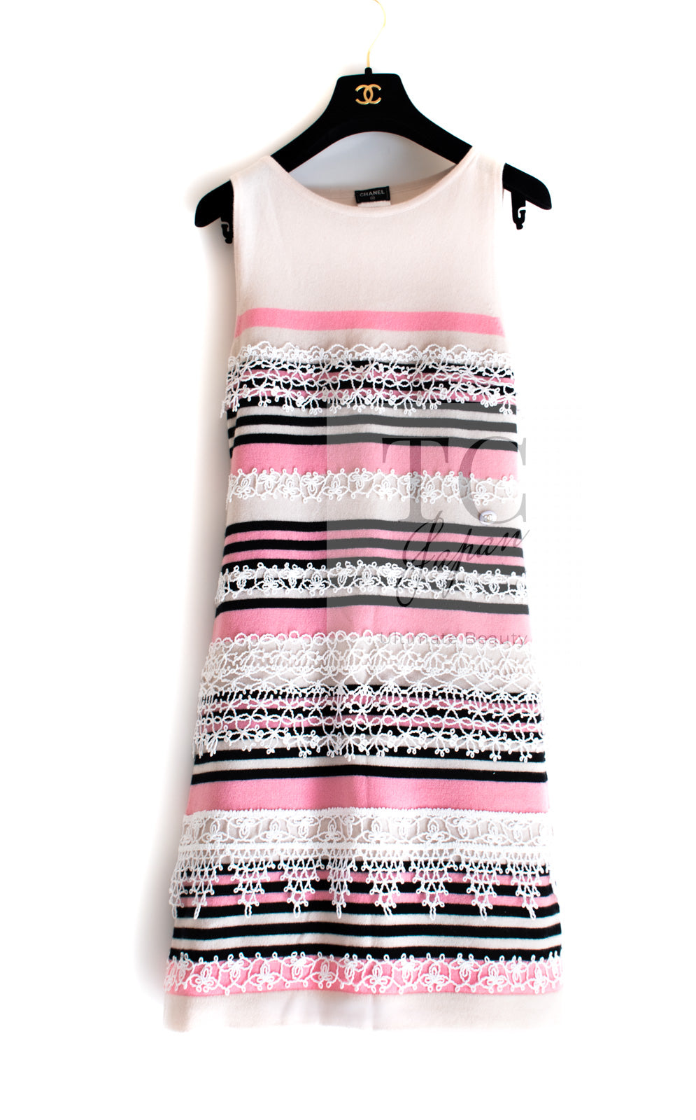 CHANEL 11C Pink Black Stripe Cashmere Knit Dress 36 シャネル ピンク ブラック ストライプ ボーダー カシミア100% ニット ワンピース 即発