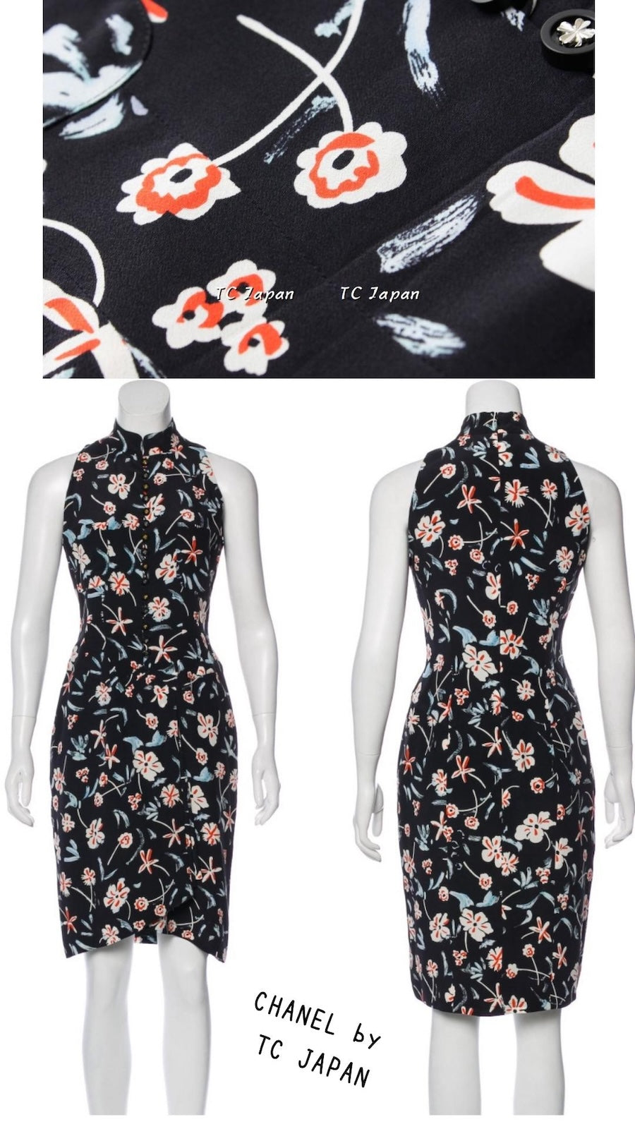 CHANEL 97S Vintage Navy Sleeveless Flower Silk Dress 38 シャネル ヴィンテージ ネイビー ノースリーブ 花柄 シルク ワンピース