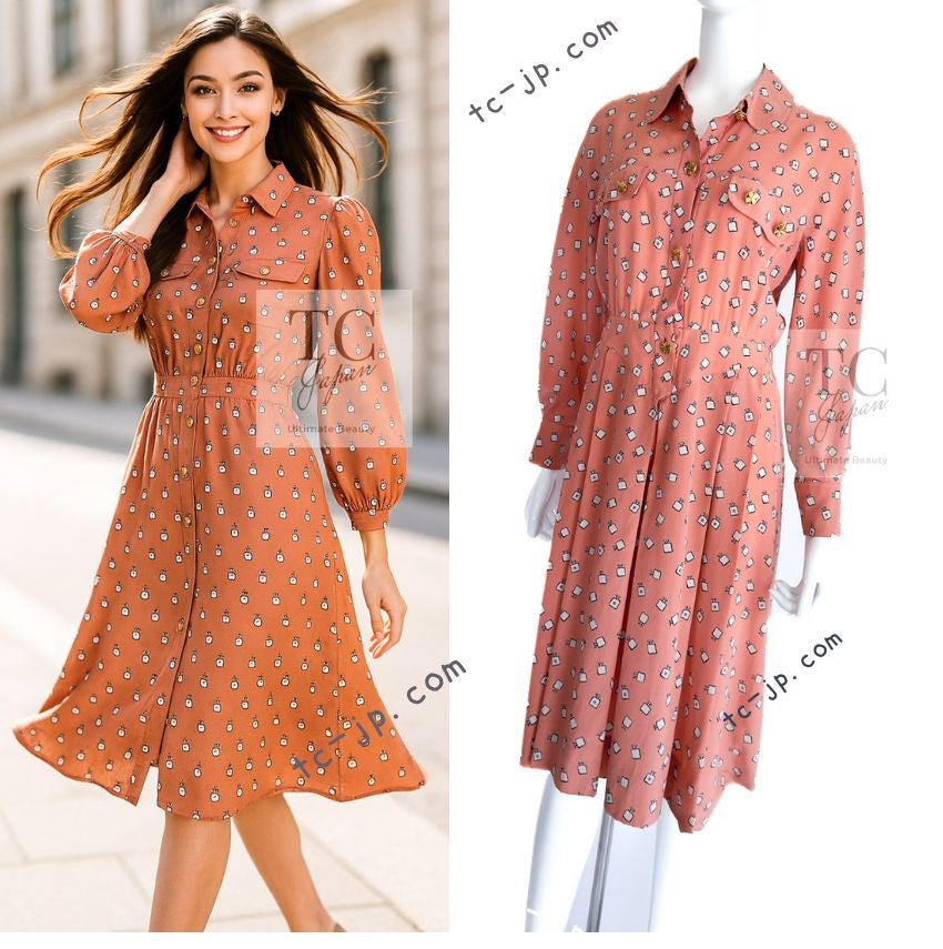 CHANEL 80's Vintage Pink Perfume Bottle CC Logo Print Silk Dress 40 シャネル ヴィンテージ ピンク 香水ボトル ココマーク シルク ワンピース 即発