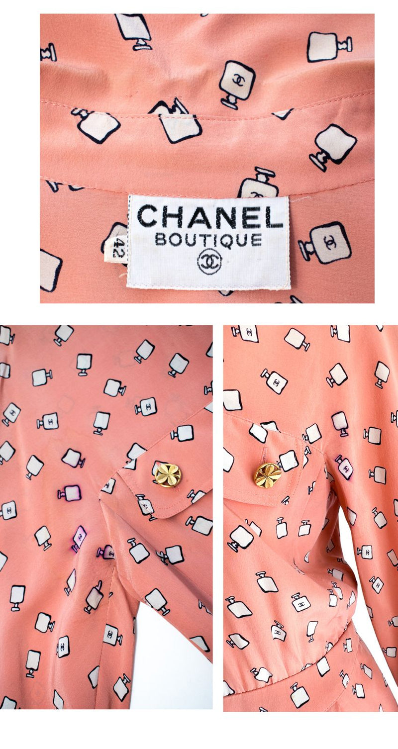 CHANEL 80's Vintage Pink Perfume Bottle CC Logo Print Silk Dress 40 シャネル ヴィンテージ ピンク 香水ボトル ココマーク シルク ワンピース 即発