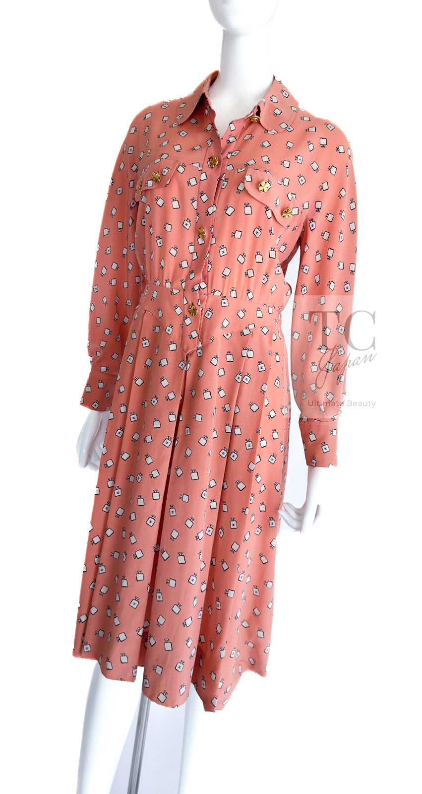 CHANEL 80's Vintage Pink Perfume Bottle CC Logo Print Silk Dress 40 シャネル ヴィンテージ ピンク 香水ボトル ココマーク シルク ワンピース 即発