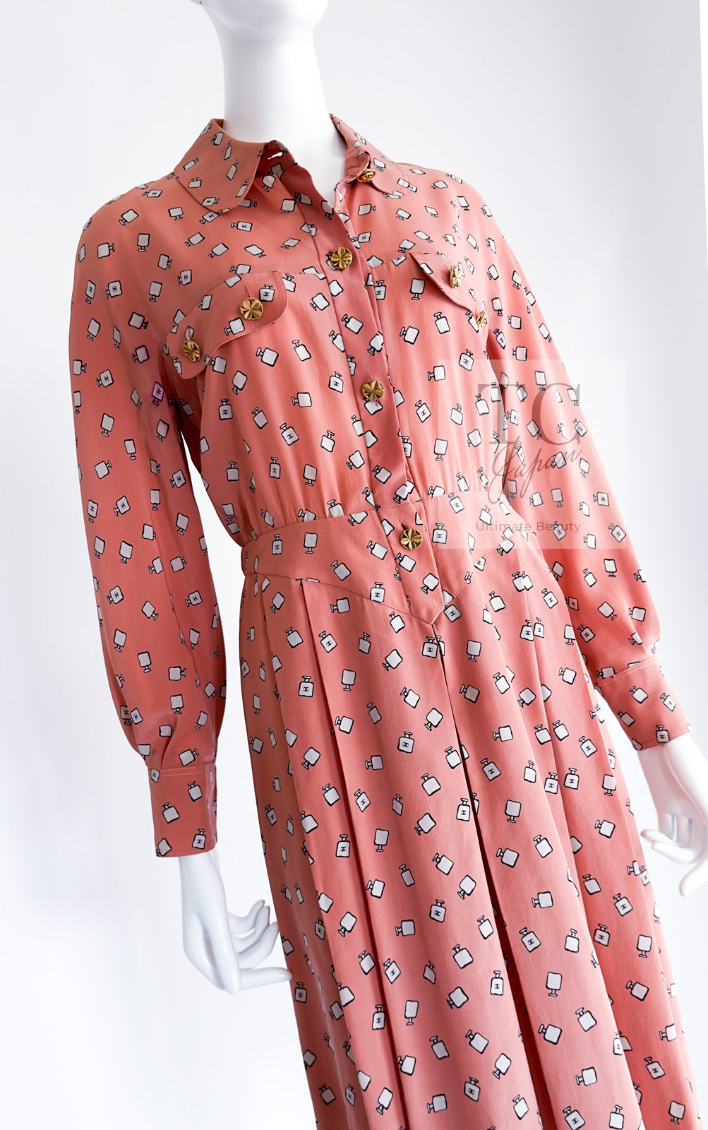 CHANEL 80's Vintage Pink Perfume Bottle CC Logo Print Silk Dress 40 シャネル ヴィンテージ ピンク 香水ボトル ココマーク シルク ワンピース 即発