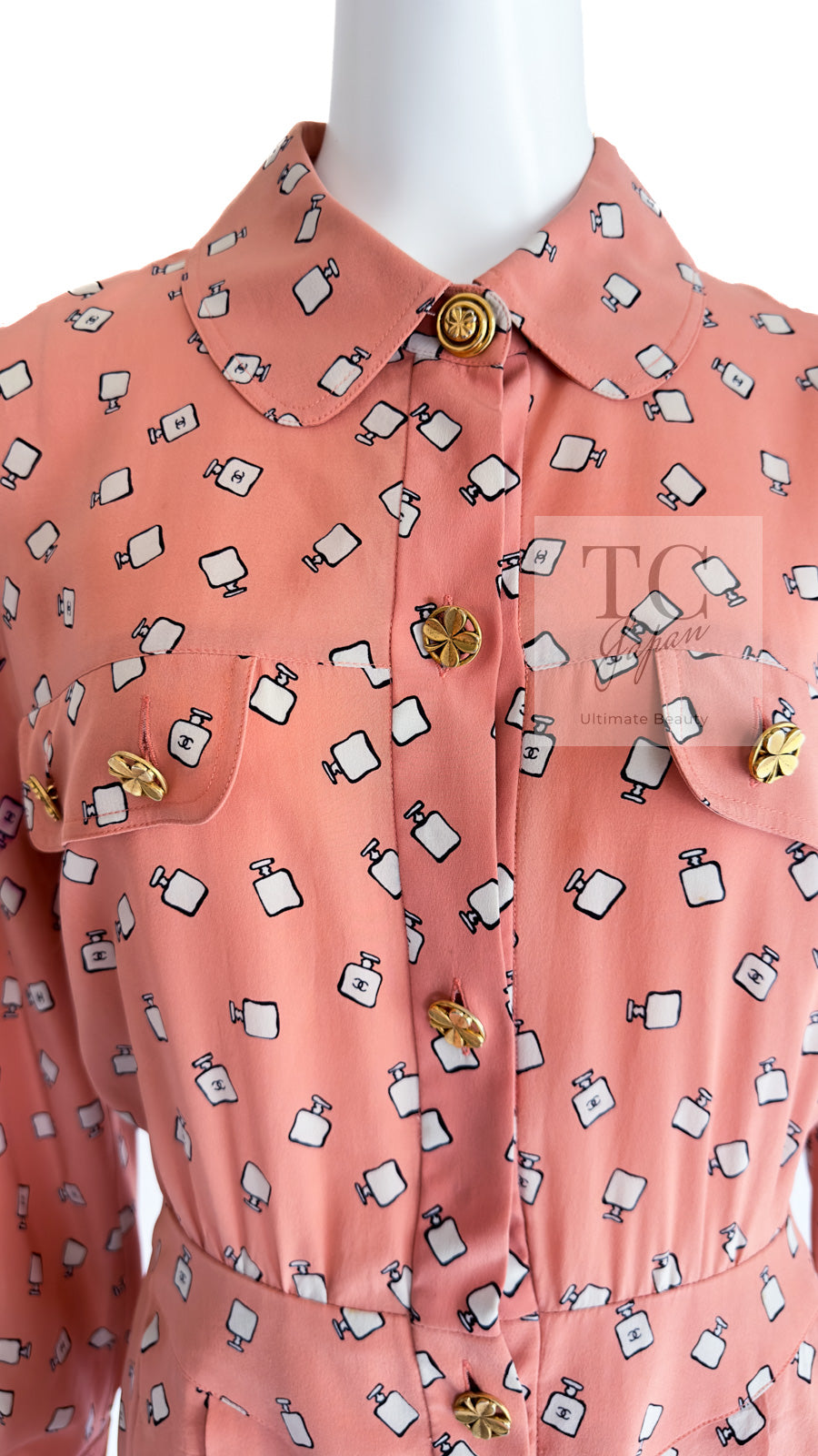 CHANEL 80's Vintage Pink Perfume Bottle CC Logo Print Silk Dress 40 シャネル ヴィンテージ ピンク 香水ボトル ココマーク シルク ワンピース 即発