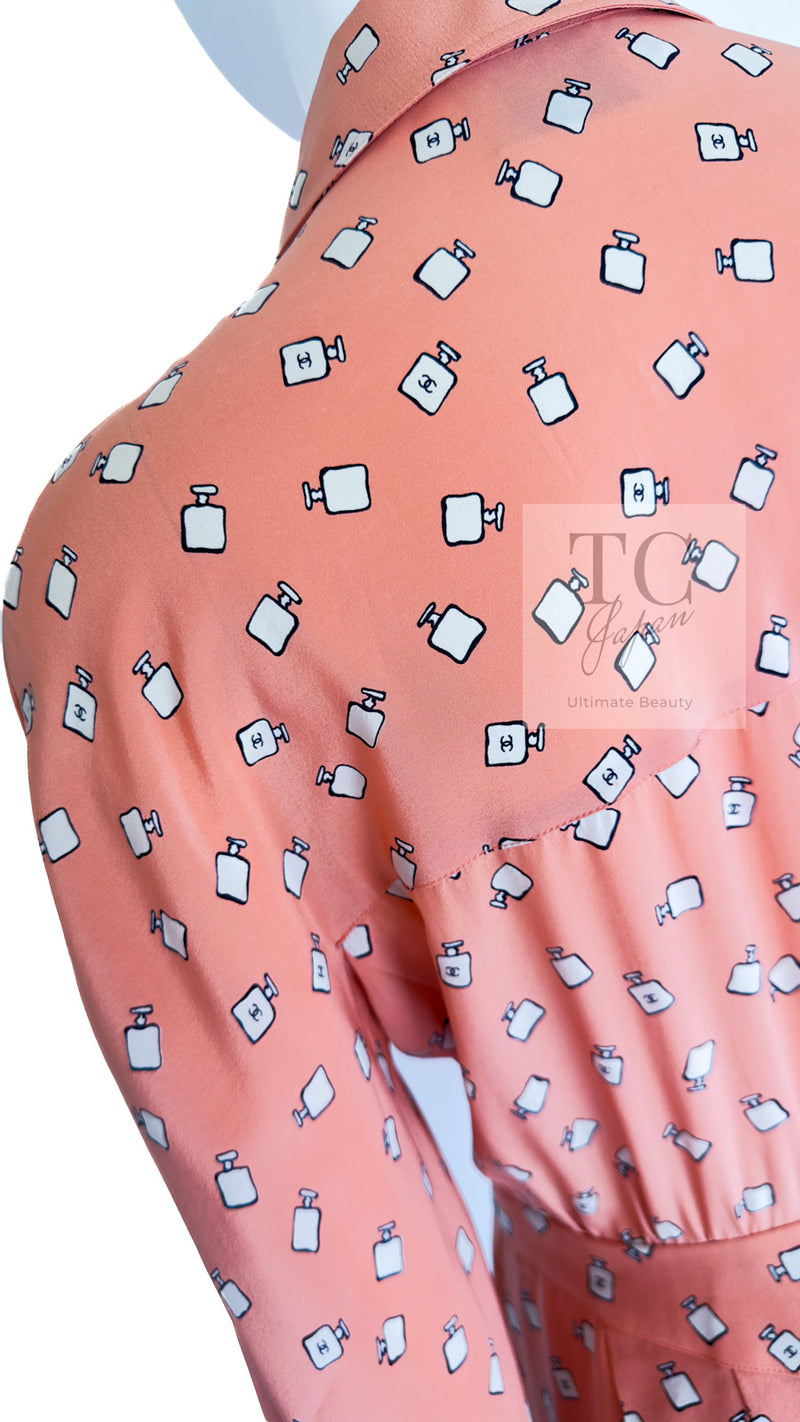 CHANEL 80's Vintage Pink Perfume Bottle CC Logo Print Silk Dress 40 シャネル ヴィンテージ ピンク 香水ボトル ココマーク シルク ワンピース 即発