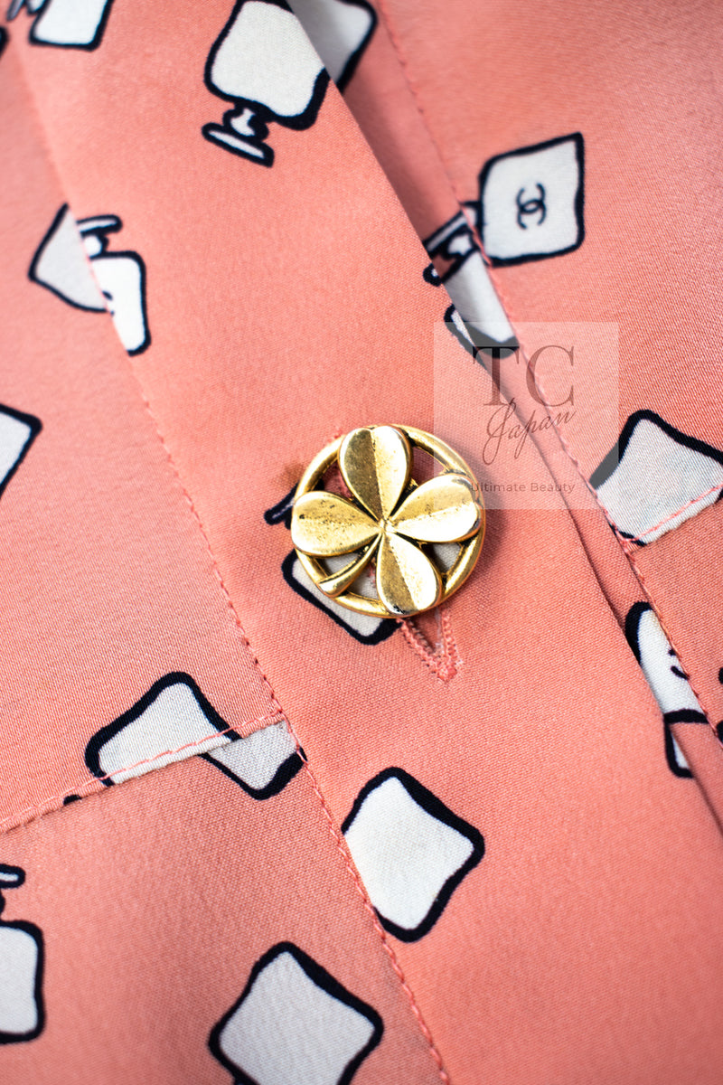 CHANEL 80's Vintage Pink Perfume Bottle CC Logo Print Silk Dress 40 シャネル ヴィンテージ ピンク 香水ボトル ココマーク シルク ワンピース 即発