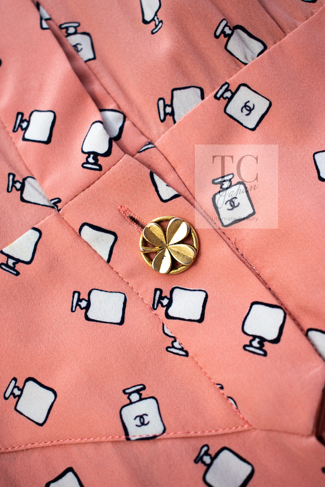 CHANEL 80's Vintage Pink Perfume Bottle CC Logo Print Silk Dress 40 シャネル ヴィンテージ ピンク 香水ボトル ココマーク シルク ワンピース 即発