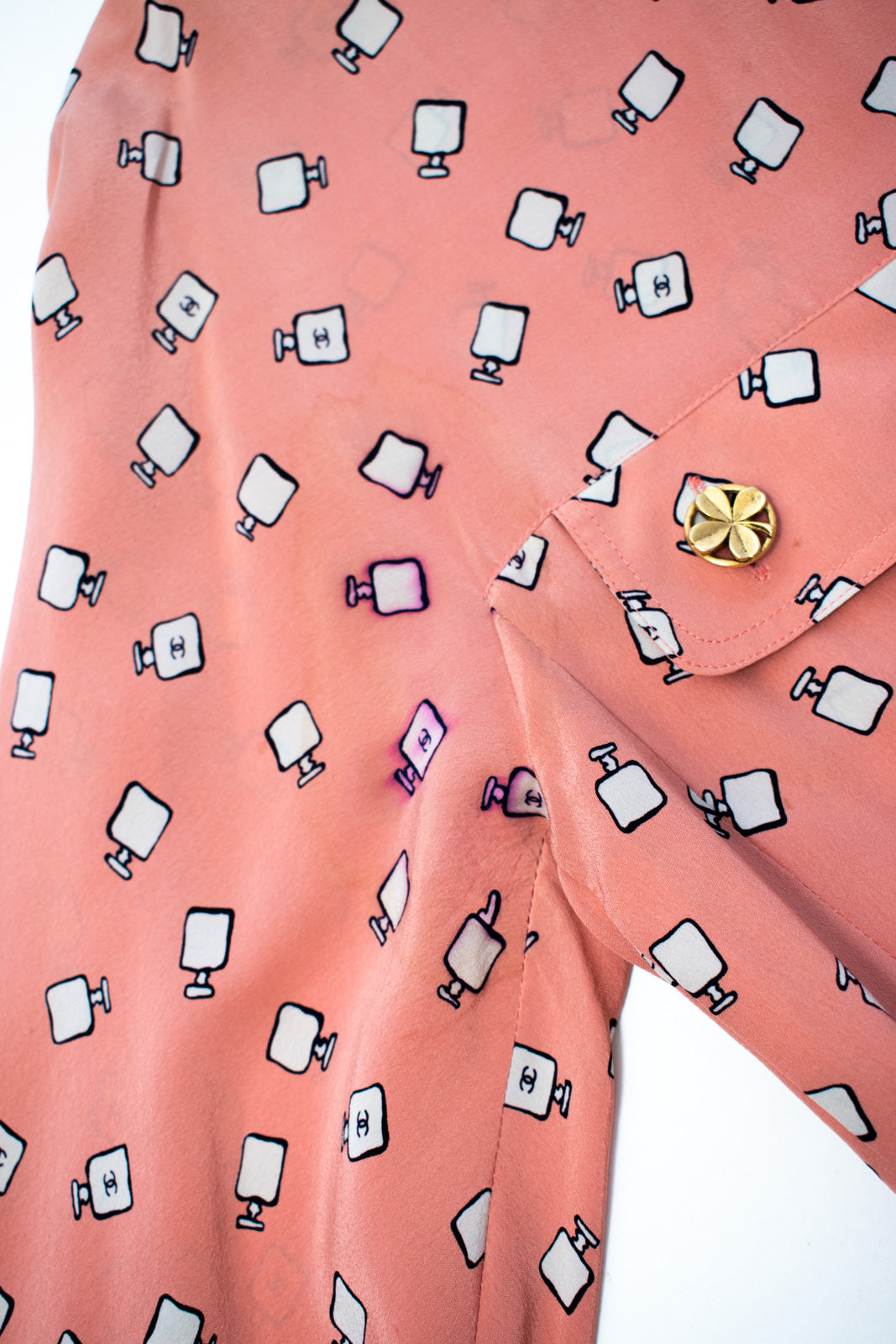 CHANEL 80's Vintage Pink Perfume Bottle CC Logo Print Silk Dress 40 シャネル ヴィンテージ ピンク 香水ボトル ココマーク シルク ワンピース 即発