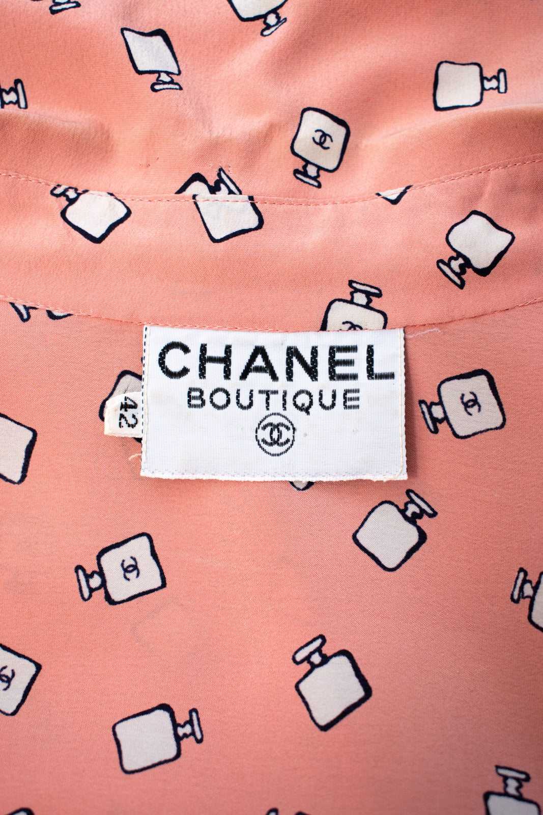 CHANEL 80's Vintage Pink Perfume Bottle CC Logo Print Silk Dress 40 シャネル ヴィンテージ ピンク 香水ボトル ココマーク シルク ワンピース 即発