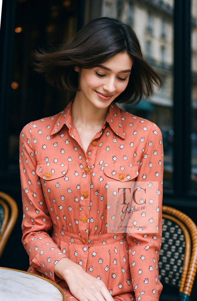 CHANEL 80's Vintage Pink Perfume Bottle CC Logo Print Silk Dress 40 シャネル ヴィンテージ ピンク 香水ボトル ココマーク シルク ワンピース 即発
