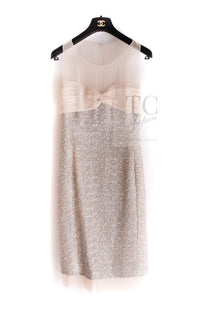 CHANEL 05S Metallic Gold Beige PearlButton Lesage Tweed Dress 36 シャネル メタリック ベージュ ゴールド ノースリーブ パール CC ボタン ルサージュ ツイード ドレス ワンピース 即発