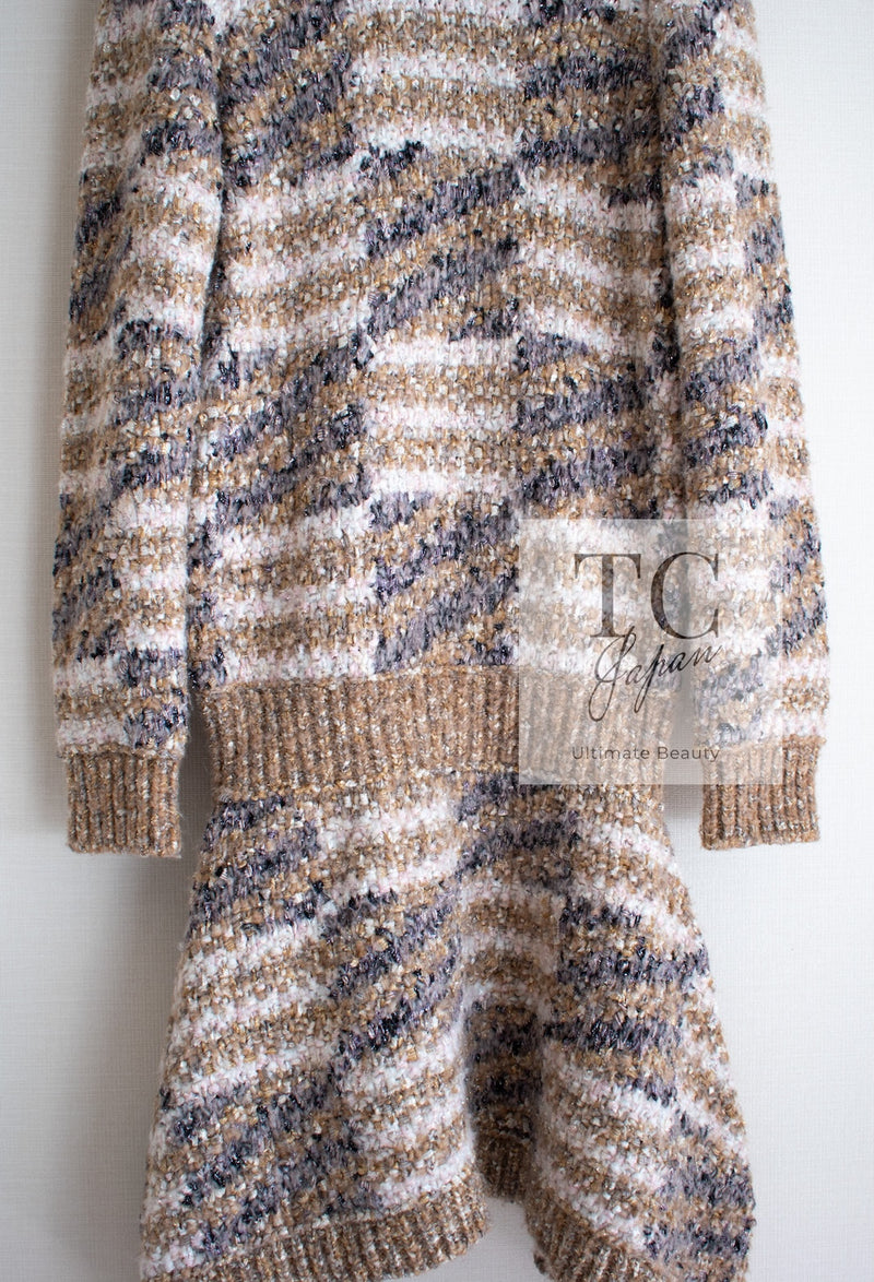 CHANEL 18A Beige Brown Gold Metallic Knit Dress 36 38 シャネル ベージュ ブラウン ゴールド メタリック ニット ワンピース 即発