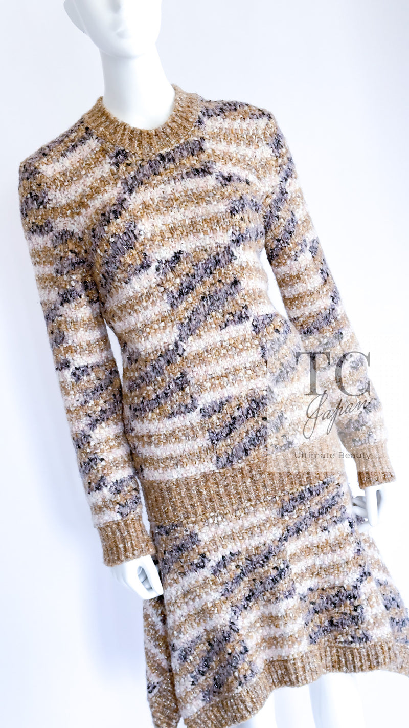 CHANEL 18A Beige Brown Gold Metallic Knit Dress 36 38 シャネル ベージュ ブラウン ゴールド メタリック ニット ワンピース 即発
