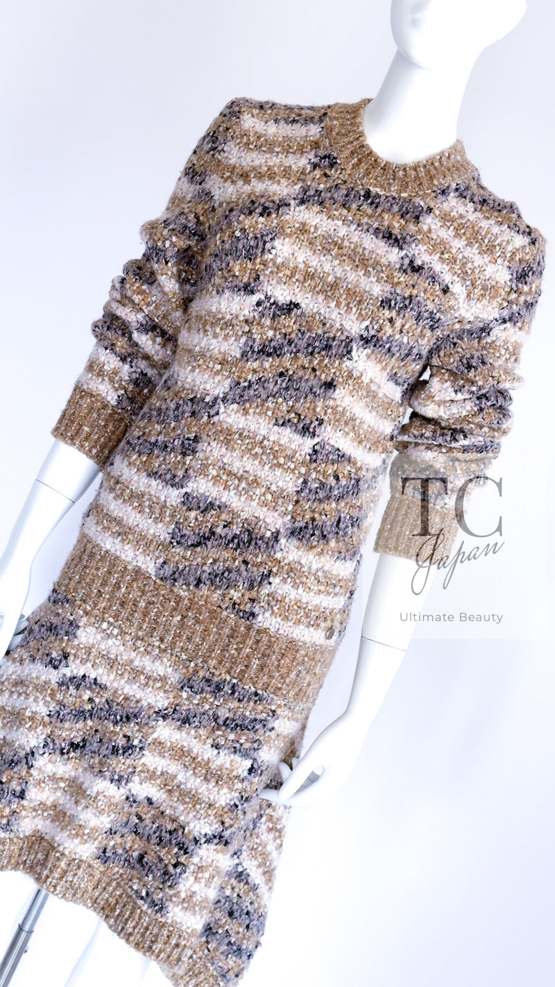 CHANEL 18A Beige Brown Gold Metallic Knit Dress 36 38 シャネル ベージュ ブラウン ゴールド メタリック ニット ワンピース 即発