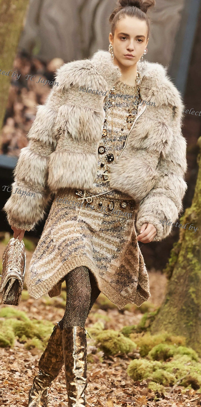 CHANEL 18A Beige Brown Gold Metallic Knit Dress 36 38 シャネル ベージュ ブラウン ゴールド メタリック ニット ワンピース 即発