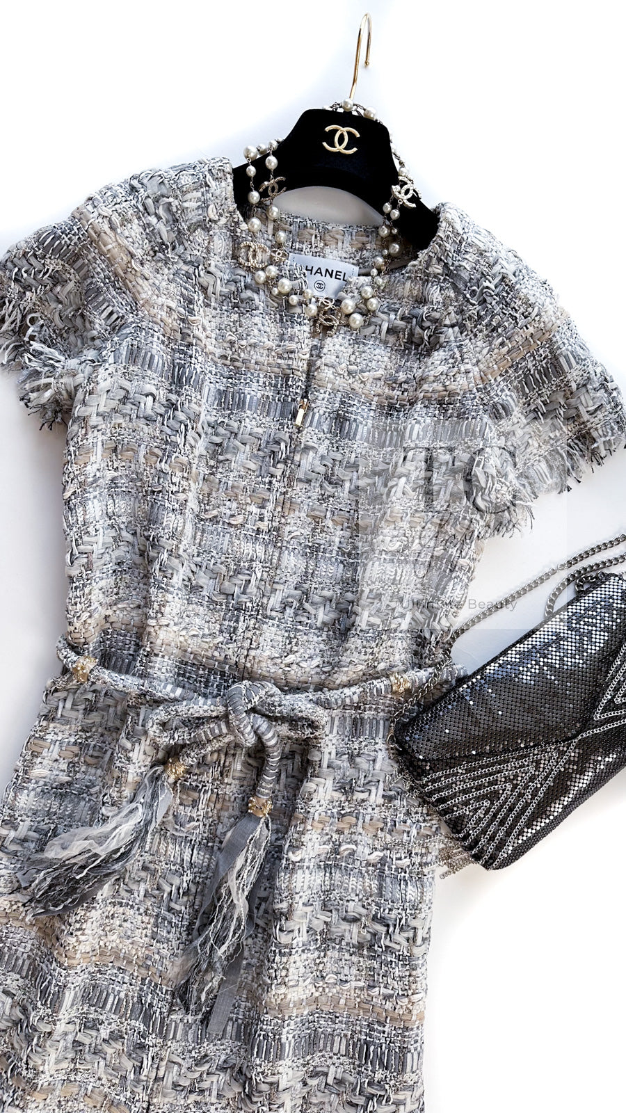 シャネル ワンピース CHANEL 18C グレー ベージュ アイボリー フリンジ