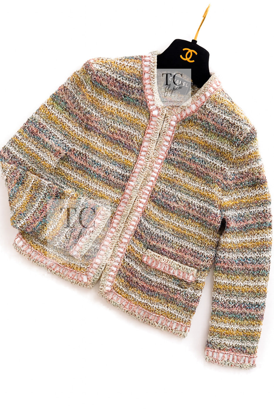 CHANEL 17C Creme Marigold Multi Cotton Cardigan 34 36 シャネル クリーム マリゴールド コットン ストレッチ テープ トリム カーディガン 即発