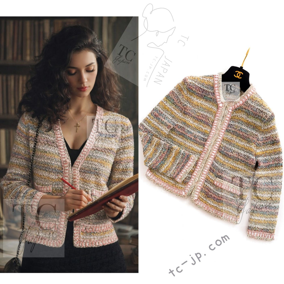 CHANEL 17C Creme Marigold Multi Cotton Cardigan 34 36 シャネル クリーム マリゴールド コットン ストレッチ テープ トリム カーディガン 即発
