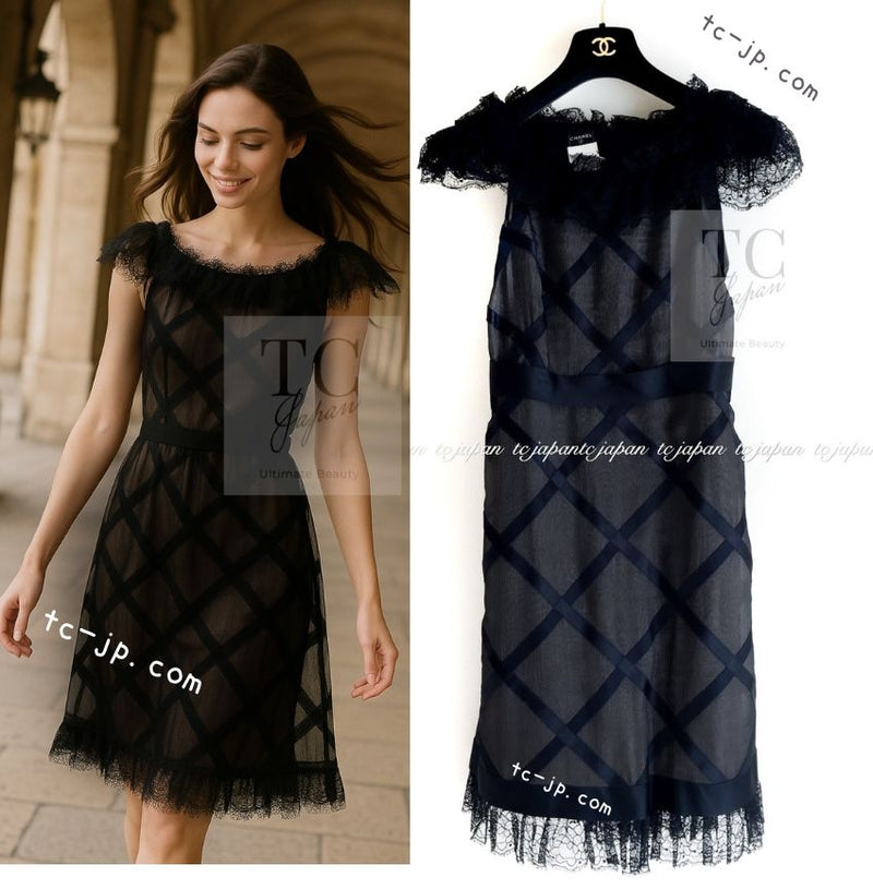 CHANEL 07S Black Brown Satin Silk Trim Dress 38 40 シャネル ブラック ブラウン サテン シルク トリム ワンピース 即発