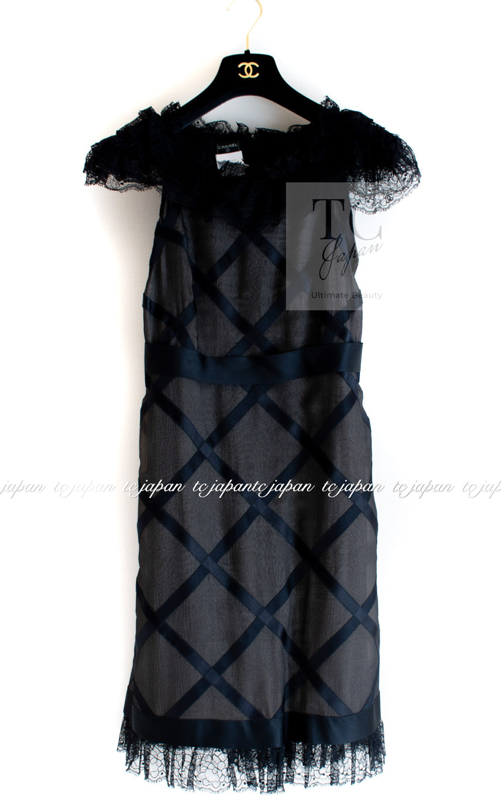 CHANEL 07S Black Brown Satin Silk Trim Dress 38 40 シャネル ブラック ブラウン サテン シルク トリム ワンピース 即発