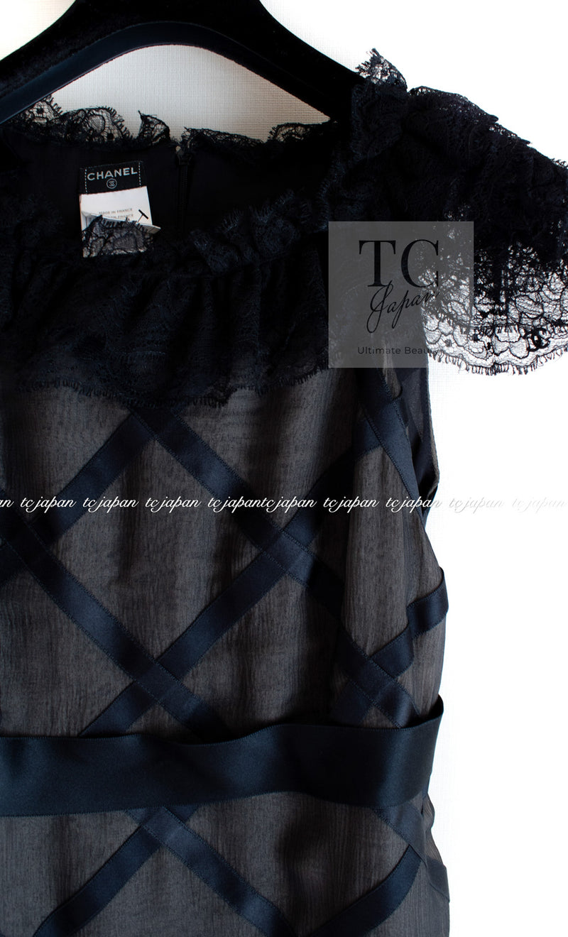 CHANEL 07S Black Brown Satin Silk Trim Dress 38 40 シャネル ブラック ブラウン サテン シルク トリム ワンピース 即発