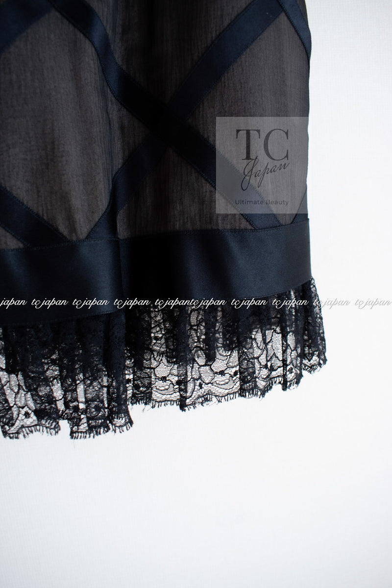 CHANEL 07S Black Brown Satin Silk Trim Dress 38 40 シャネル ブラック ブラウン サテン シルク トリム ワンピース 即発