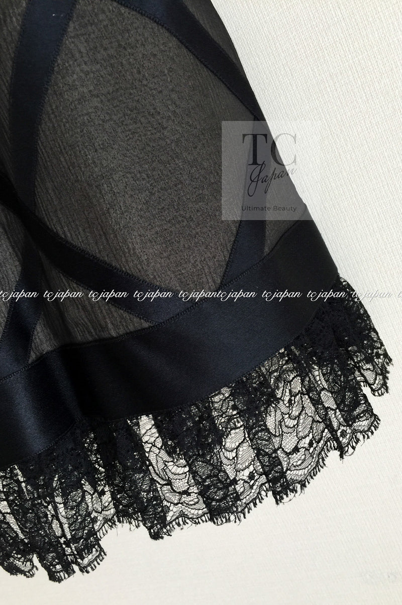 CHANEL 07S Black Brown Satin Silk Trim Dress 38 40 シャネル ブラック ブラウン サテン シルク トリム ワンピース 即発