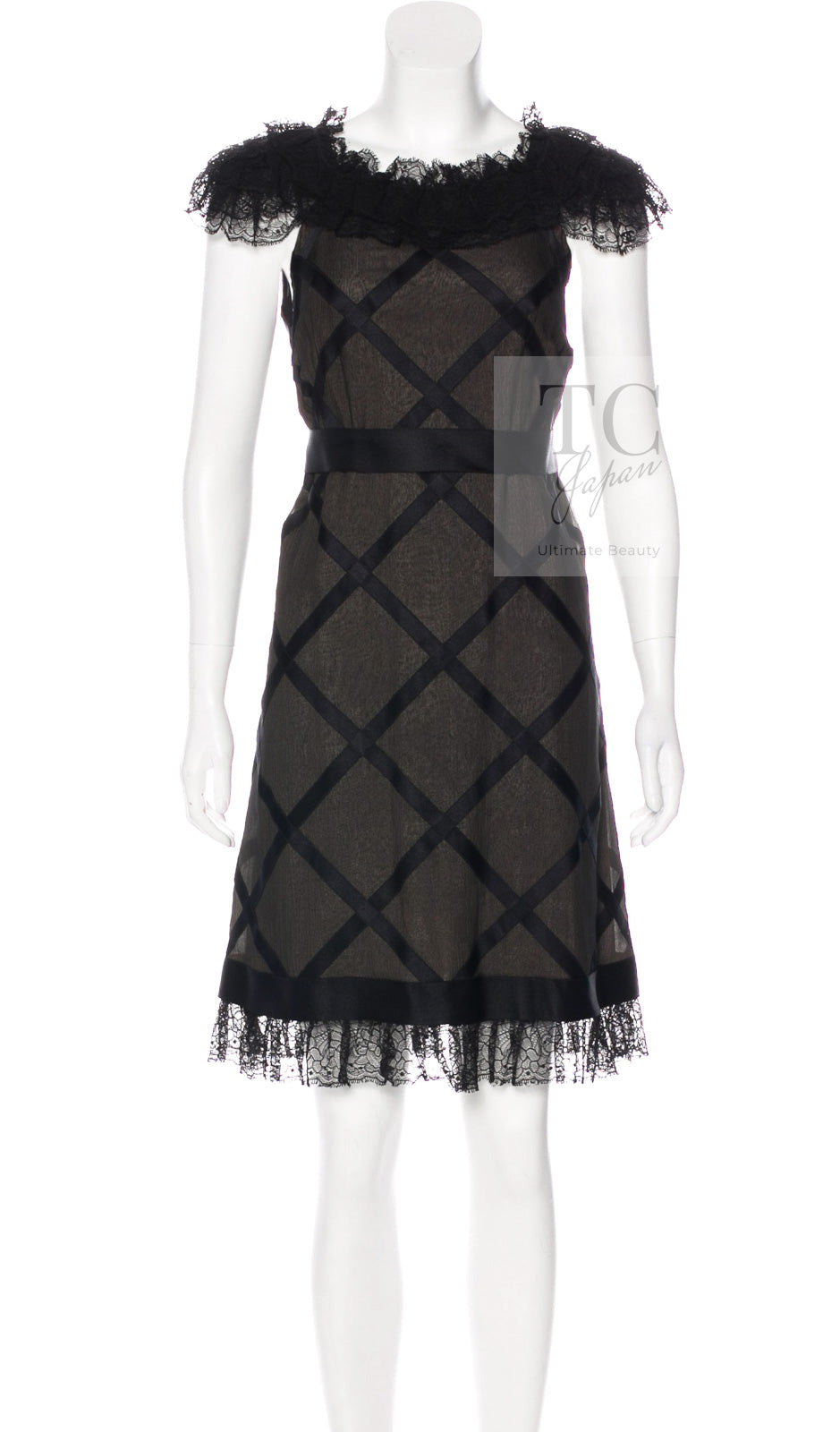 CHANEL 07S Black Brown Satin Silk Trim Dress 38 40 シャネル ブラック ブラウン サテン シルク トリム ワンピース 即発